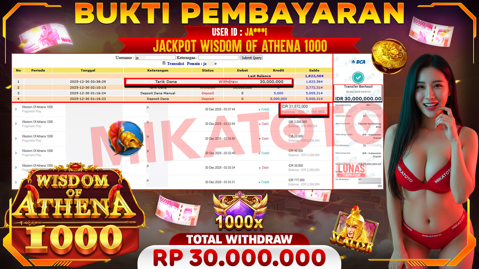 🏆 SELAMAT KEPADA PEMENANG JACKPOT DI Wisdom Of Athena 1000 - Pragmatic Play 30,000,000 🏆