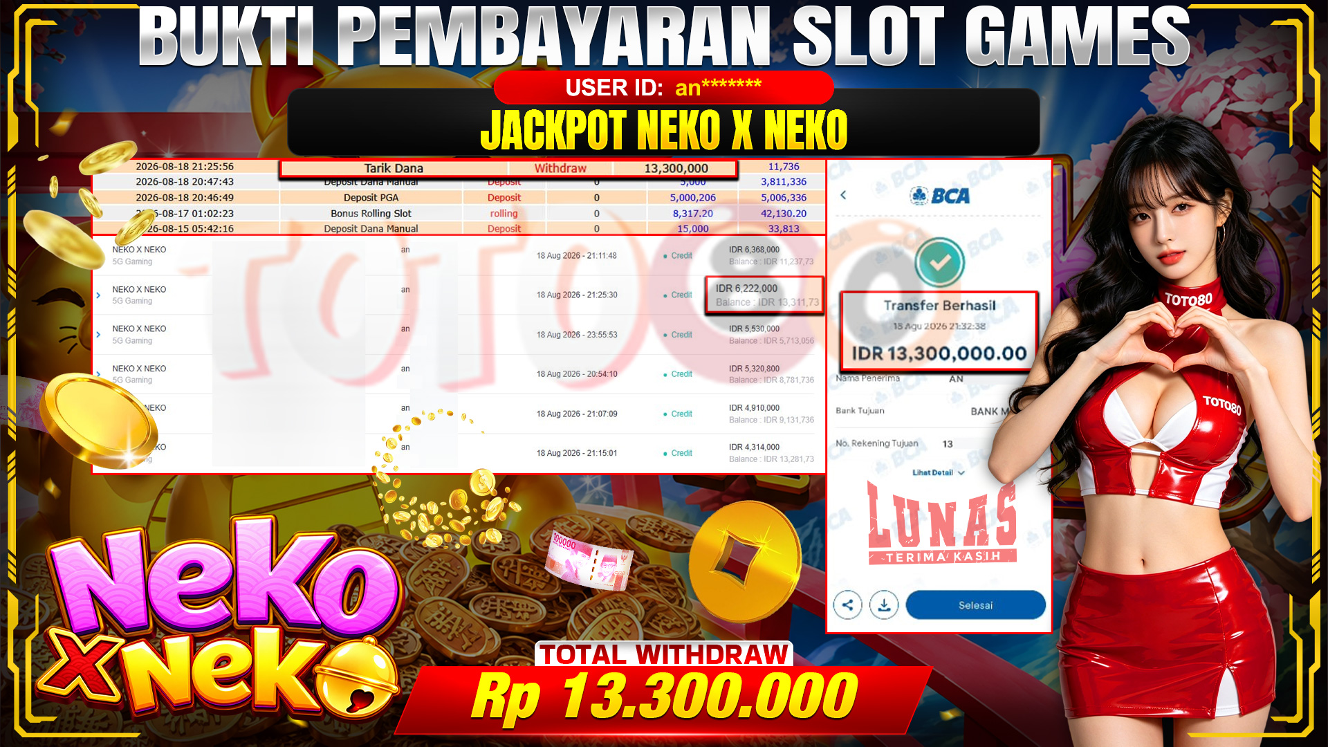 💰🎉 TOTO80 – JACKPOT SLOT NEKO X NEKO RP. 13,300,000,-  TELAH DIBAYARKAN!💰🎉