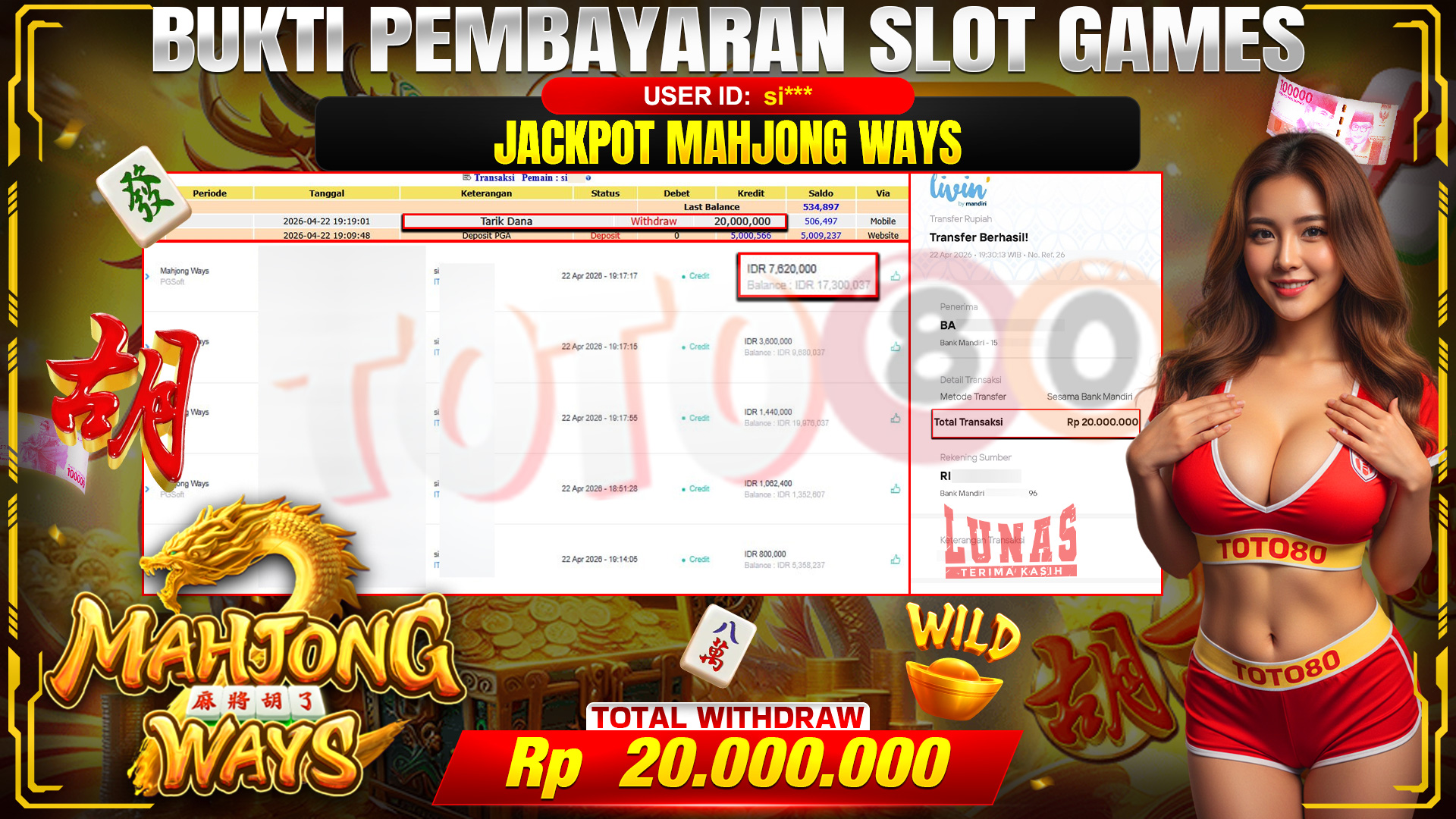 💰🎉 TOTO80 – JACKPOT SLOT MAHJONG WAYS RP. 20,000,000- TELAH DIBAYARKAN!💰🎉